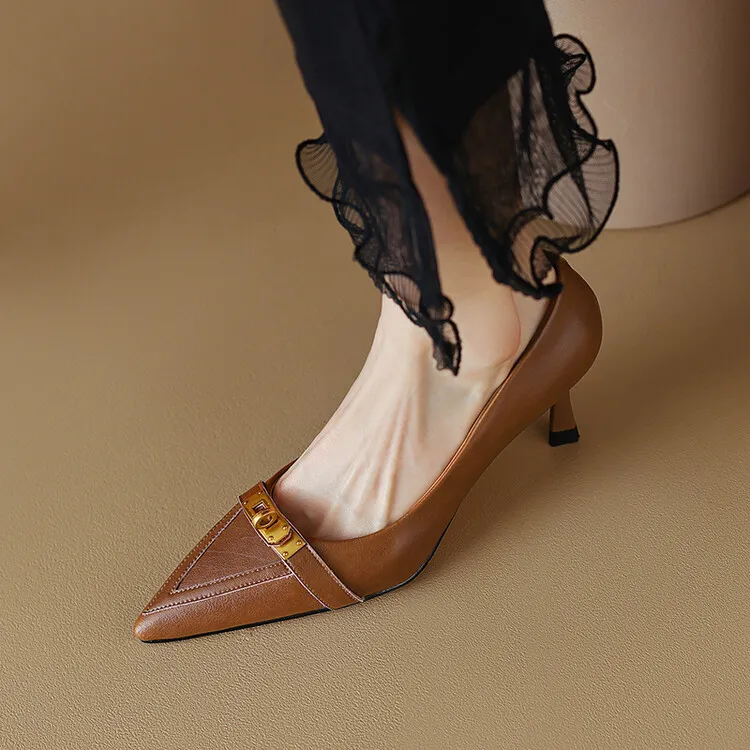 2023 Spring/Autumn French Retro Pointed Toe Shoes Women's Stiletto Heels Low-Cut Leather Korean Style Fashion Women's Shoes 12-7u