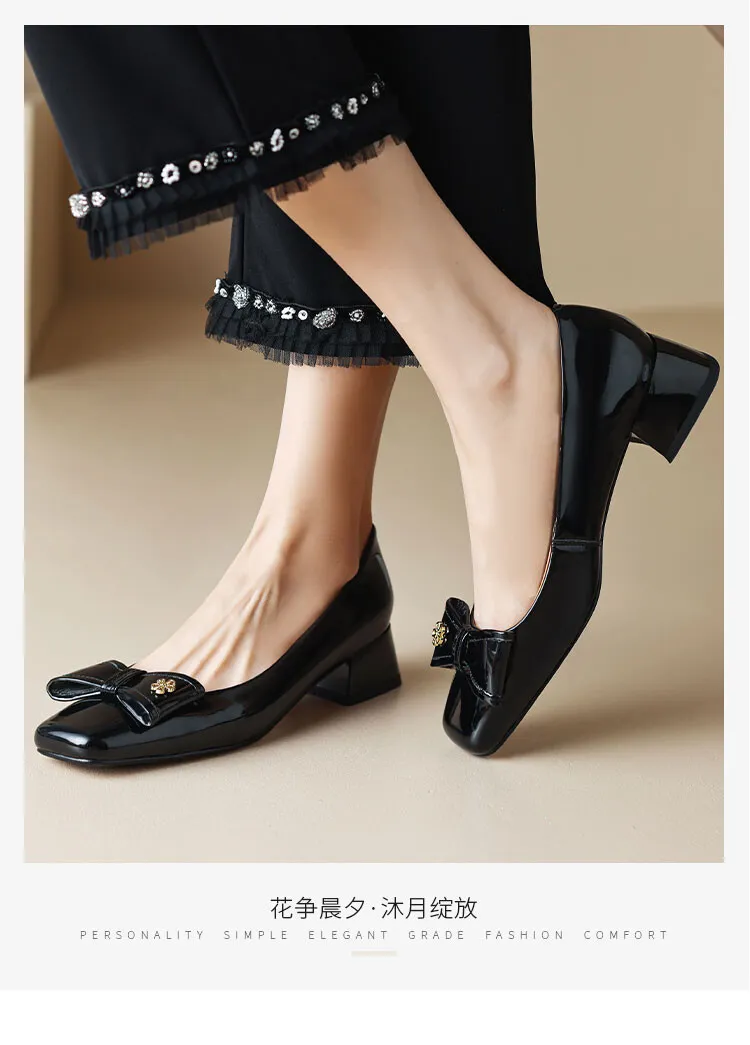 2023 Spring Square Toe Chunky Heel Low-Cut Bow Shoes, Black and Burgundy Lambskin Women's Shoes 2-1p