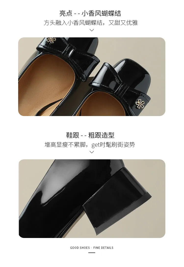 2023 Spring Square Toe Chunky Heel Low-Cut Bow Shoes, Black and Burgundy Lambskin Women's Shoes 2-1p