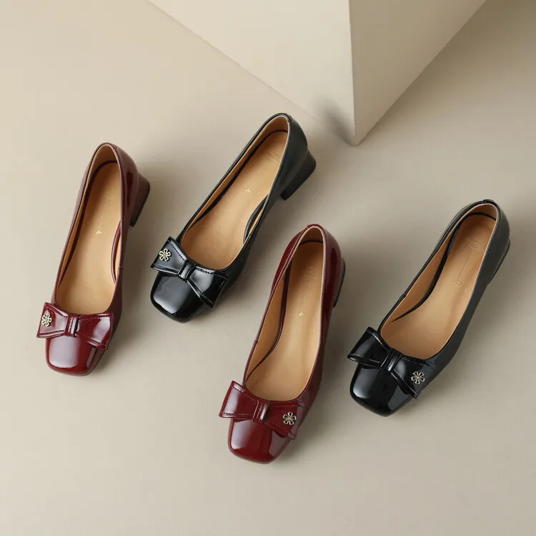2023 Spring Square Toe Chunky Heel Low-Cut Bow Shoes, Black and Burgundy Lambskin Women's Shoes 2-1p