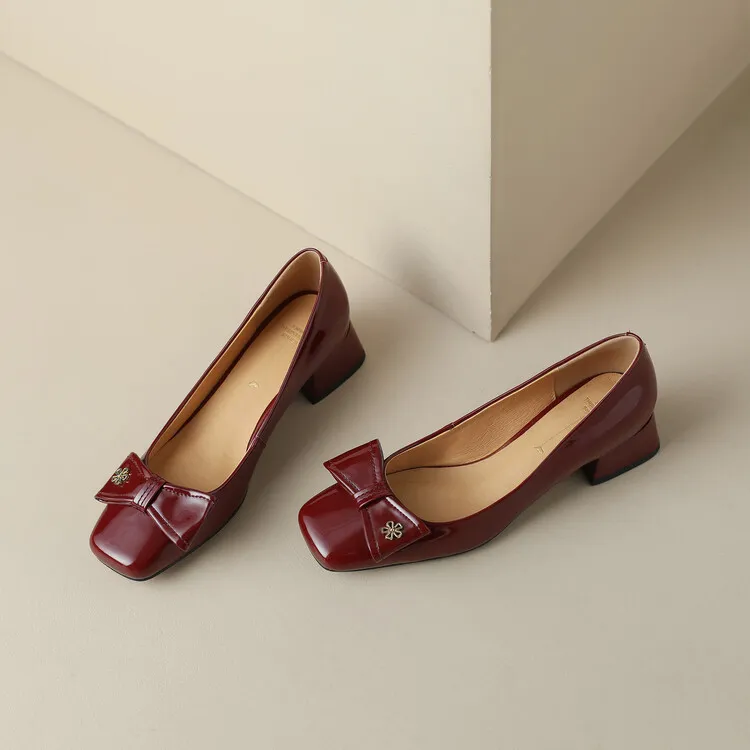 2023 Spring Square Toe Chunky Heel Low-Cut Bow Shoes, Black and Burgundy Lambskin Women's Shoes 2-1p