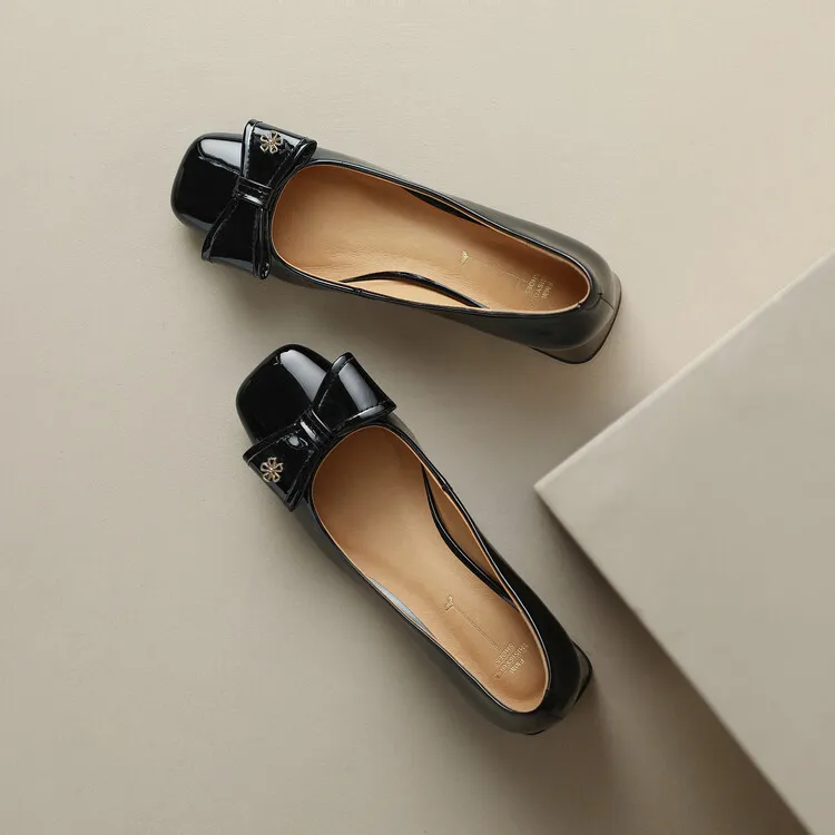 2023 Spring Square Toe Chunky Heel Low-Cut Bow Shoes, Black and Burgundy Lambskin Women's Shoes 2-1p