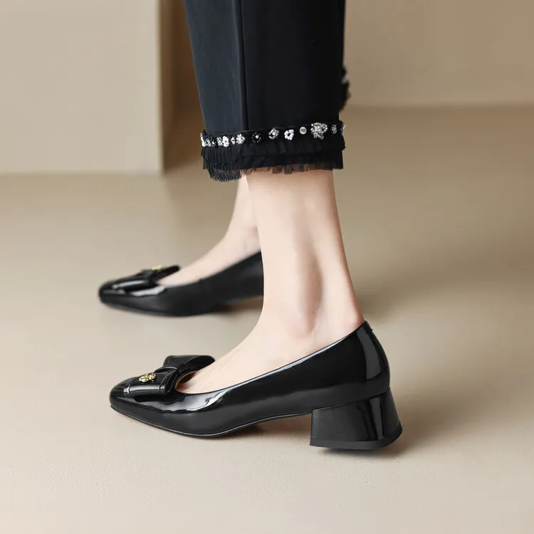 2023 Spring Square Toe Chunky Heel Low-Cut Bow Shoes, Black and Burgundy Lambskin Women's Shoes 2-1p