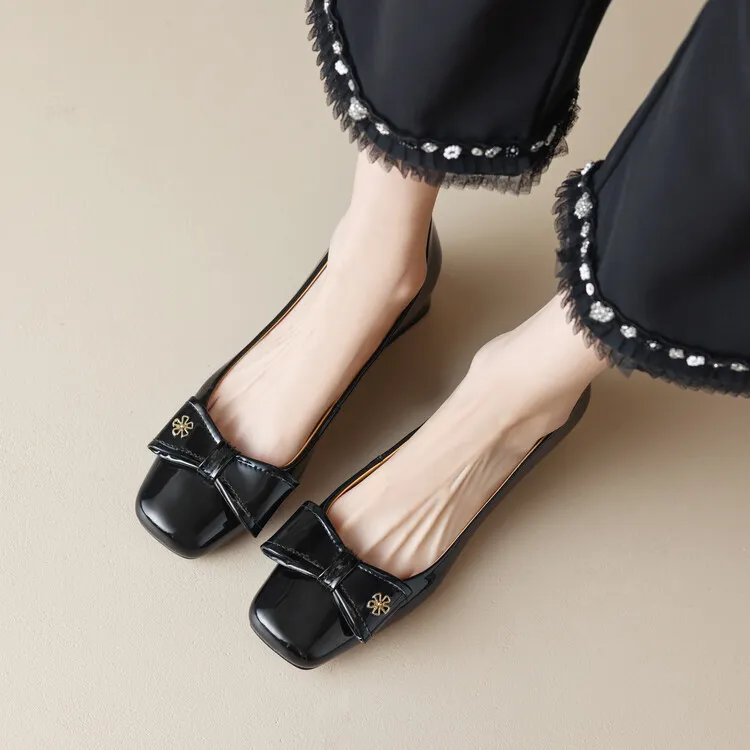 2023 Spring Square Toe Chunky Heel Low-Cut Bow Shoes, Black and Burgundy Lambskin Women's Shoes 2-1p