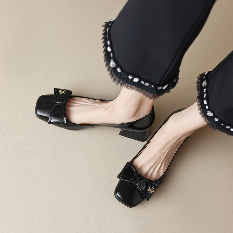 2023 Spring Square Toe Chunky Heel Low-Cut Bow Shoes, Black and Burgundy Lambskin Women's Shoes 2-1p