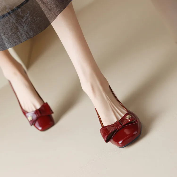 2023 Spring Square Toe Chunky Heel Low-Cut Bow Shoes, Black and Burgundy Lambskin Women's Shoes 2-1p