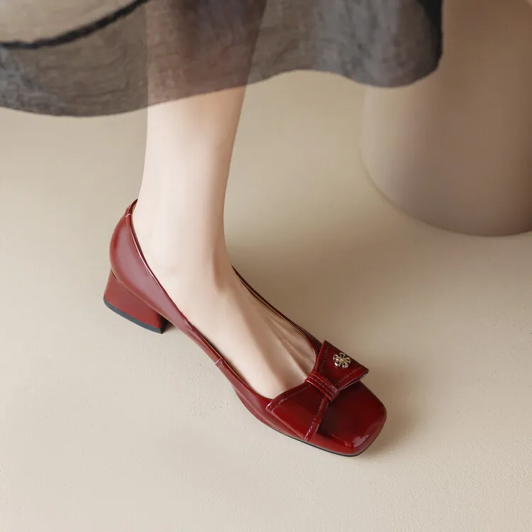 2023 Spring Square Toe Chunky Heel Low-Cut Bow Shoes, Black and Burgundy Lambskin Women's Shoes 2-1p