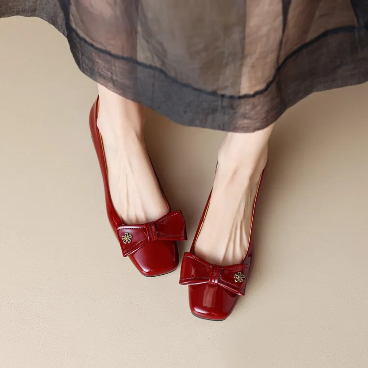 2023 Spring Square Toe Chunky Heel Low-Cut Bow Shoes, Black and Burgundy Lambskin Women's Shoes 2-1p