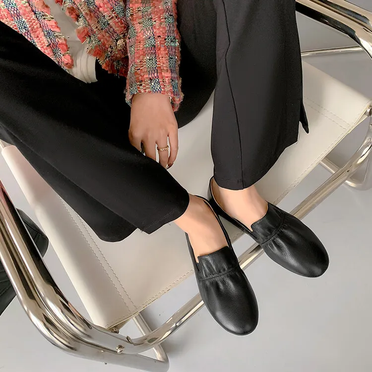 Spring and Autumn Fashion Round Toe Low Mouth Solid Color Cowhide Single Shoes Plus Size 33-40 Rubber Sole Women's Shoes 2-7b