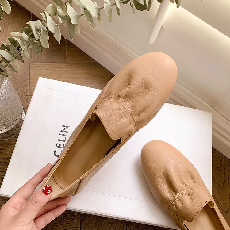 Spring and Autumn Fashion Round Toe Low Mouth Solid Color Cowhide Single Shoes Plus Size 33-40 Rubber Sole Women's Shoes 2-7b