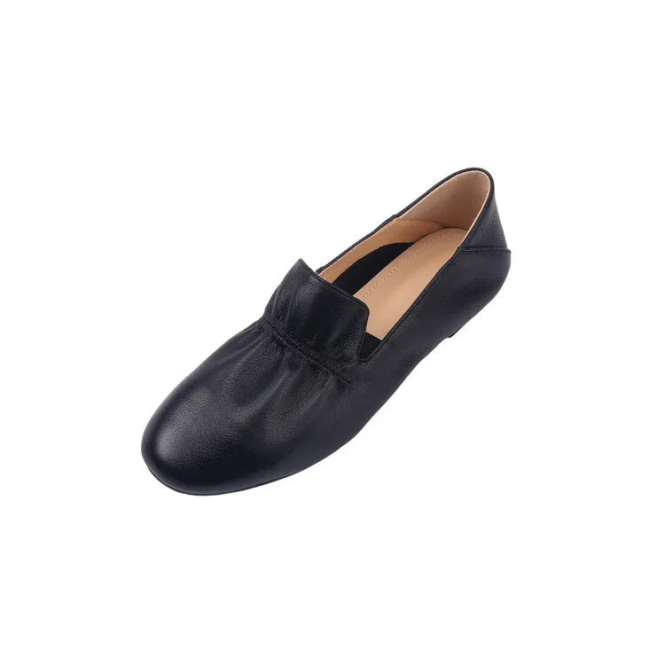 Spring and Autumn Fashion Round Toe Low Mouth Solid Color Cowhide Single Shoes Plus Size 33-40 Rubber Sole Women's Shoes 2-7b