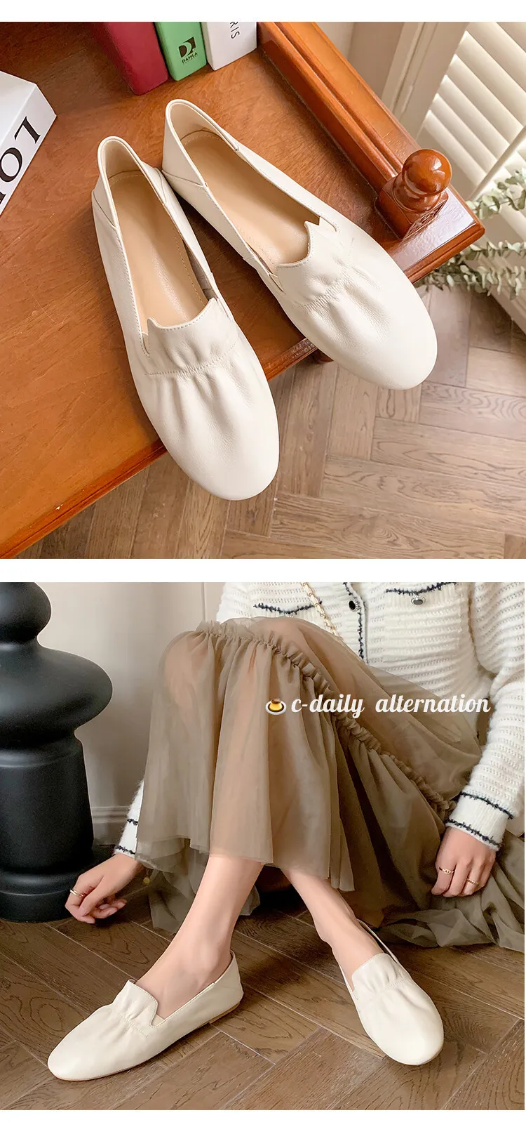 Spring and Autumn Fashion Round Toe Low Mouth Solid Color Cowhide Single Shoes Plus Size 33-40 Rubber Sole Women's Shoes 2-7b