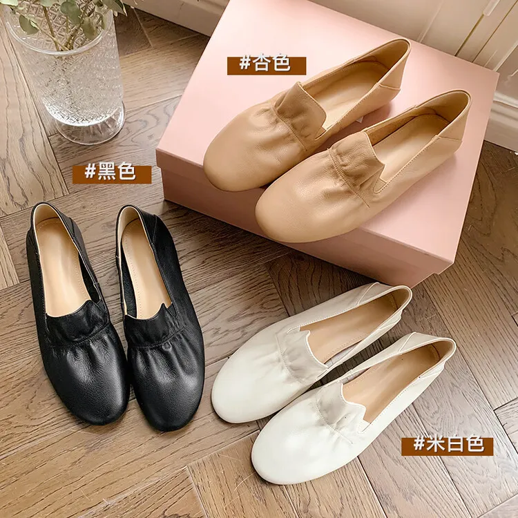 Spring and Autumn Fashion Round Toe Low Mouth Solid Color Cowhide Single Shoes Plus Size 33-40 Rubber Sole Women's Shoes 2-7b