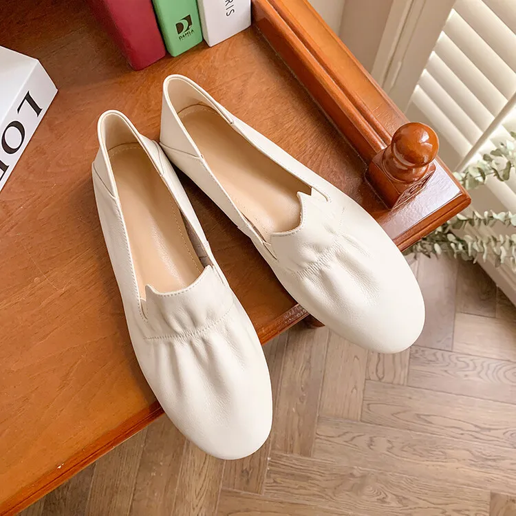 Spring and Autumn Fashion Round Toe Low Mouth Solid Color Cowhide Single Shoes Plus Size 33-40 Rubber Sole Women's Shoes 2-7b