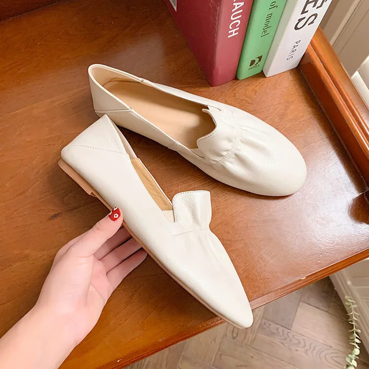 Spring and Autumn Fashion Round Toe Low Mouth Solid Color Cowhide Single Shoes Plus Size 33-40 Rubber Sole Women's Shoes 2-7b