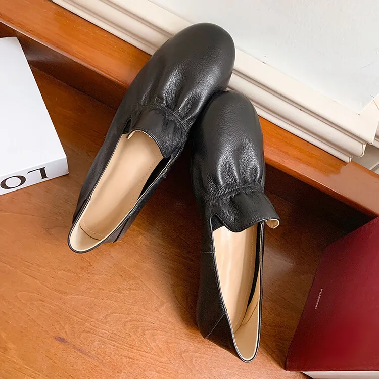 Spring and Autumn Fashion Round Toe Low Mouth Solid Color Cowhide Single Shoes Plus Size 33-40 Rubber Sole Women's Shoes 2-7b