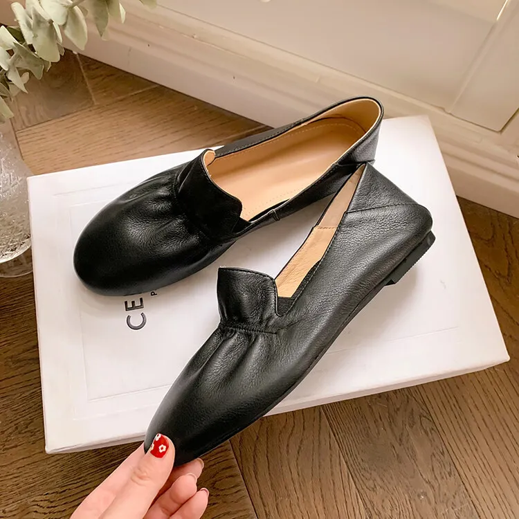 Spring and Autumn Fashion Round Toe Low Mouth Solid Color Cowhide Single Shoes Plus Size 33-40 Rubber Sole Women's Shoes 2-7b