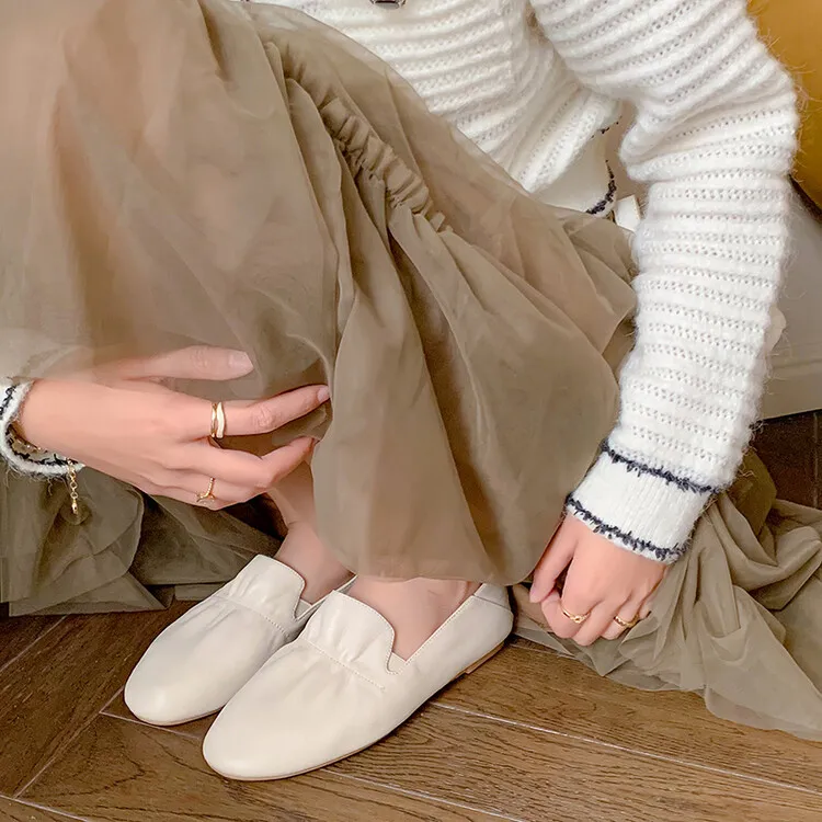 Spring and Autumn Fashion Round Toe Low Mouth Solid Color Cowhide Single Shoes Plus Size 33-40 Rubber Sole Women's Shoes 2-7b