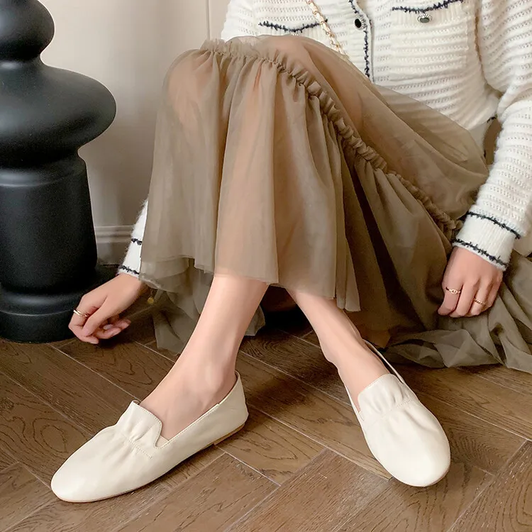Spring and Autumn Fashion Round Toe Low Mouth Solid Color Cowhide Single Shoes Plus Size 33-40 Rubber Sole Women's Shoes 2-7b