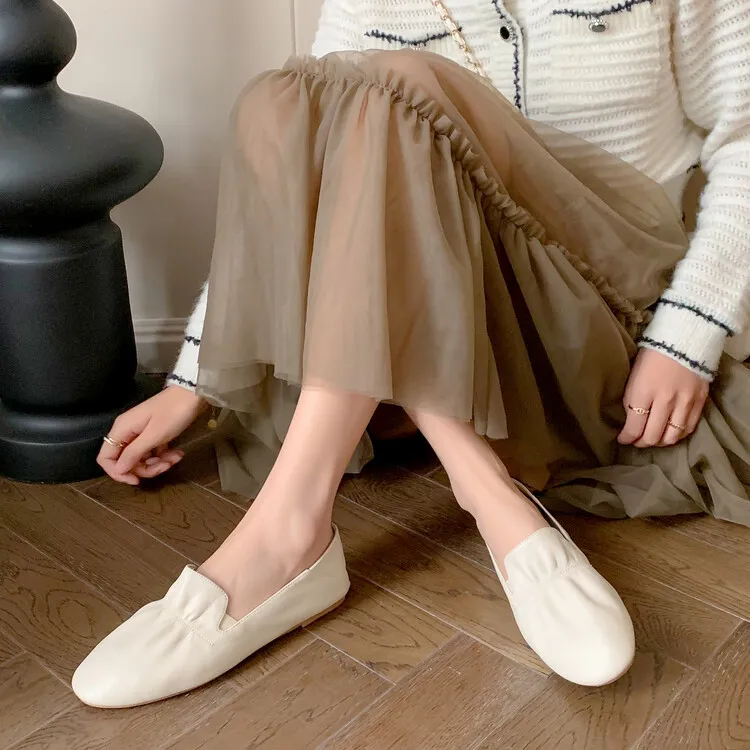Spring and Autumn Fashion Round Toe Low Mouth Solid Color Cowhide Single Shoes Plus Size 33-40 Rubber Sole Women's Shoes 2-7b