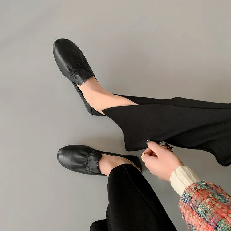 Spring and Autumn Fashion Round Toe Low Mouth Solid Color Cowhide Single Shoes Plus Size 33-40 Rubber Sole Women's Shoes 2-7b