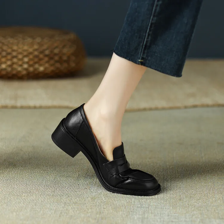 2023 Spring Round Toe Slip-on Flats, Leather Chunky Heel, Mid-Heel, Off-White, Black, Brown Fashion Women's Shoes 2-13p