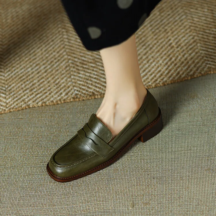 2023 Spring Round Toe Slip-on Flats, Leather Chunky Heel, Mid-Heel, Off-White, Black, Brown Fashion Women's Shoes 2-13p