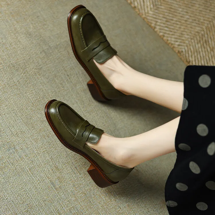2023 Spring Round Toe Slip-on Flats, Leather Chunky Heel, Mid-Heel, Off-White, Black, Brown Fashion Women's Shoes 2-13p