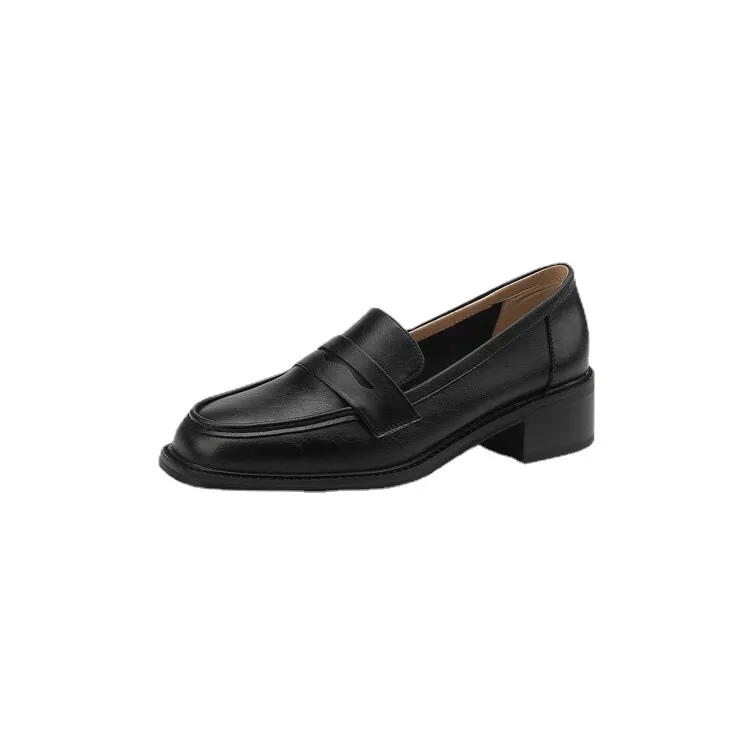 2023 Spring Round Toe Slip-on Flats, Leather Chunky Heel, Mid-Heel, Off-White, Black, Brown Fashion Women's Shoes 2-13p