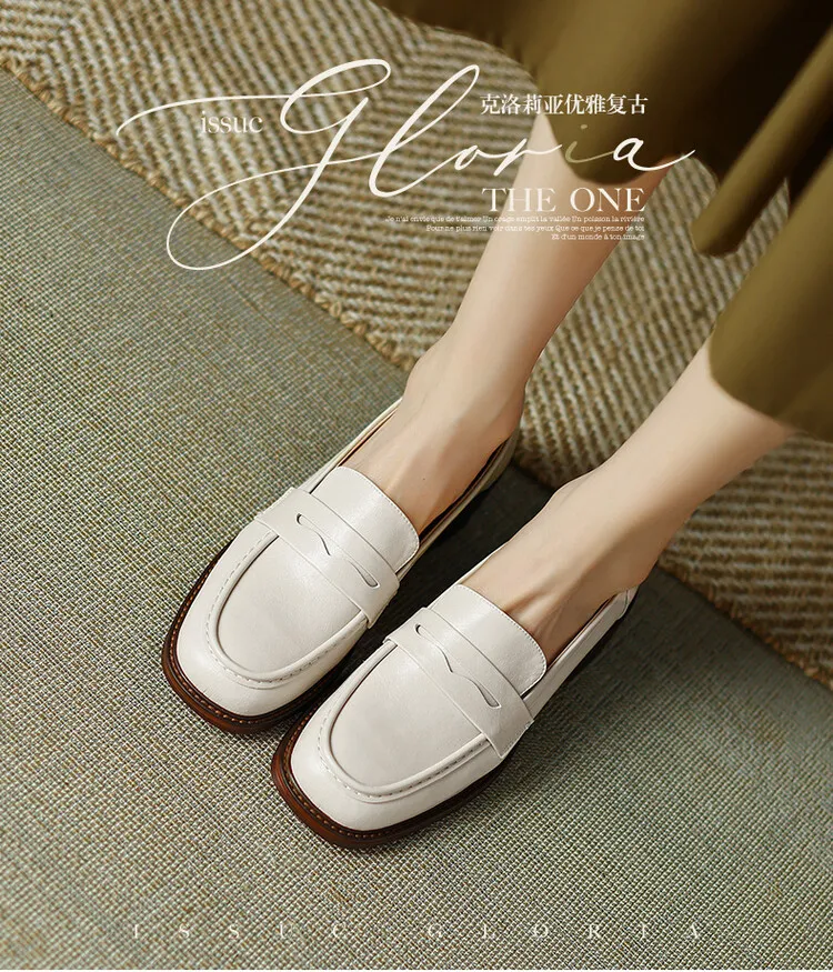 2023 Spring Round Toe Slip-on Flats, Leather Chunky Heel, Mid-Heel, Off-White, Black, Brown Fashion Women's Shoes 2-13p