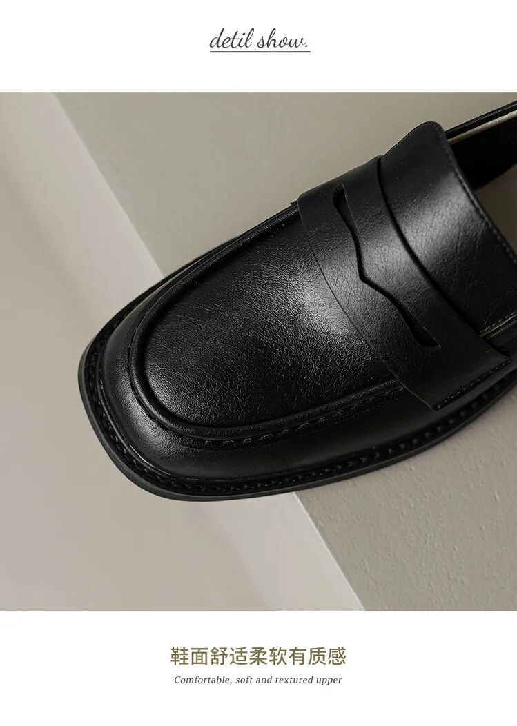 2023 Spring Round Toe Slip-on Flats, Leather Chunky Heel, Mid-Heel, Off-White, Black, Brown Fashion Women's Shoes 2-13p
