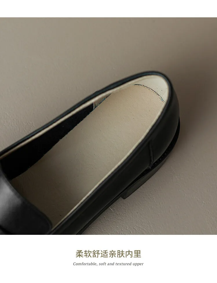 2023 Spring Round Toe Slip-on Flats, Leather Chunky Heel, Mid-Heel, Off-White, Black, Brown Fashion Women's Shoes 2-13p