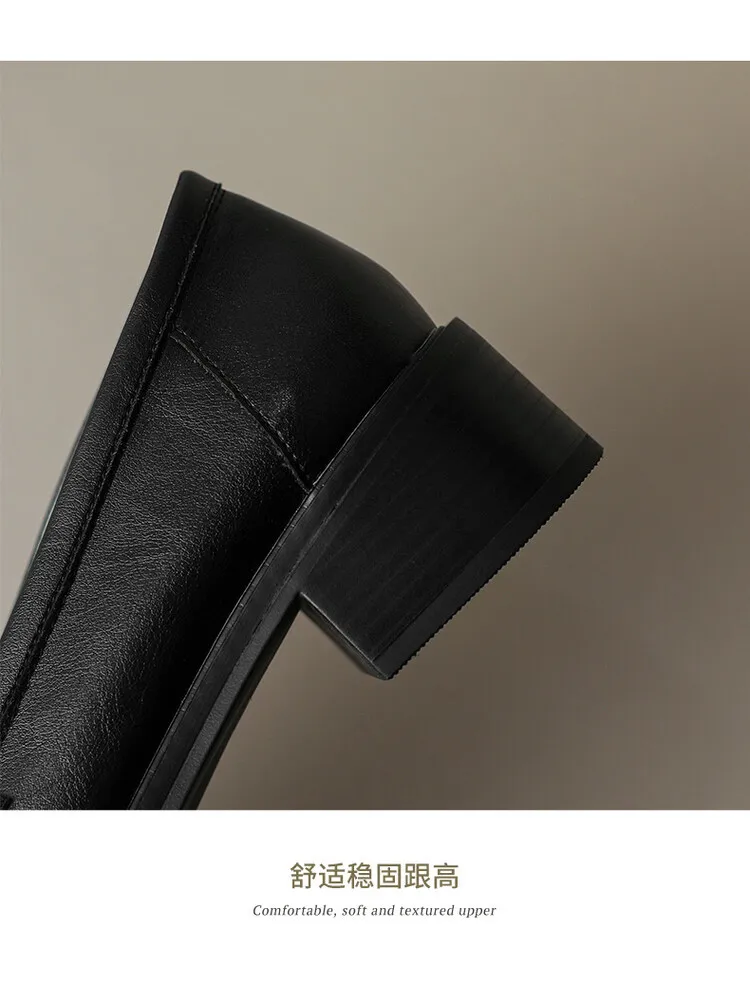 2023 Spring Round Toe Slip-on Flats, Leather Chunky Heel, Mid-Heel, Off-White, Black, Brown Fashion Women's Shoes 2-13p