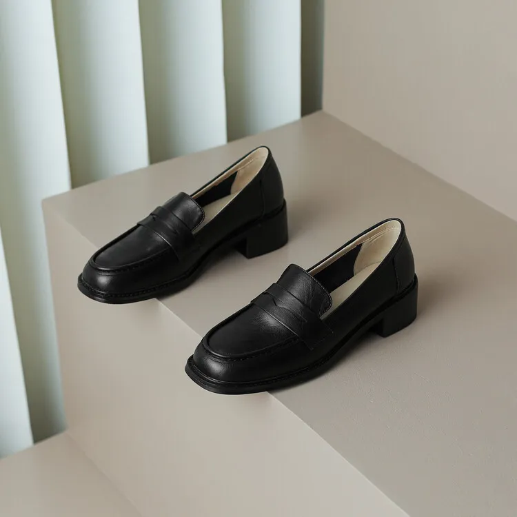2023 Spring Round Toe Slip-on Flats, Leather Chunky Heel, Mid-Heel, Off-White, Black, Brown Fashion Women's Shoes 2-13p