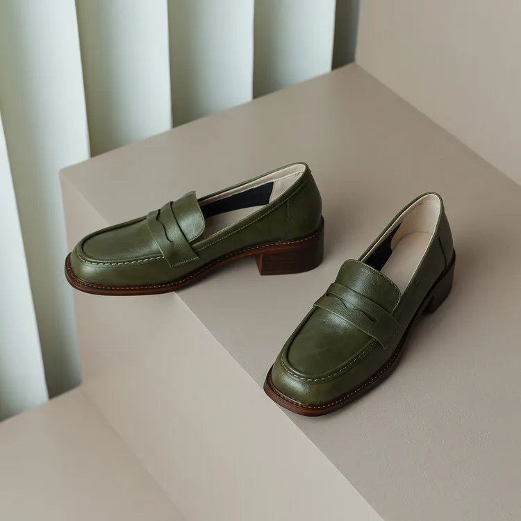 2023 Spring Round Toe Slip-on Flats, Leather Chunky Heel, Mid-Heel, Off-White, Black, Brown Fashion Women's Shoes 2-13p