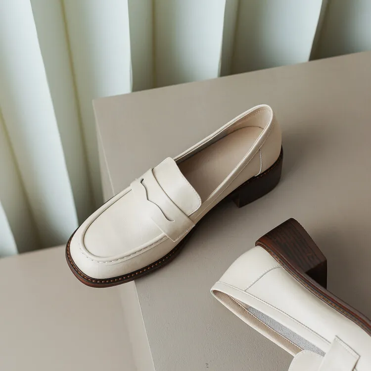 2023 Spring Round Toe Slip-on Flats, Leather Chunky Heel, Mid-Heel, Off-White, Black, Brown Fashion Women's Shoes 2-13p
