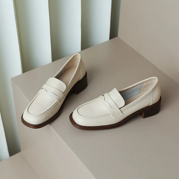 2023 Spring Round Toe Slip-on Flats, Leather Chunky Heel, Mid-Heel, Off-White, Black, Brown Fashion Women's Shoes 2-13p