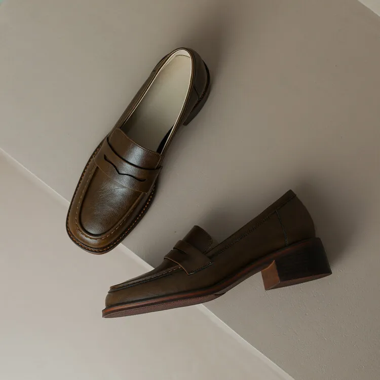 2023 Spring Round Toe Slip-on Flats, Leather Chunky Heel, Mid-Heel, Off-White, Black, Brown Fashion Women's Shoes 2-13p