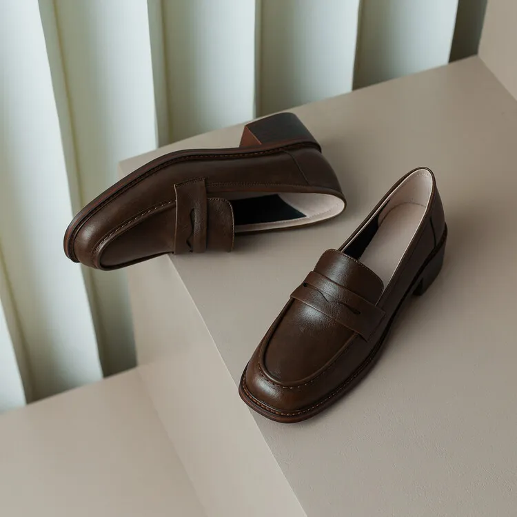 2023 Spring Round Toe Slip-on Flats, Leather Chunky Heel, Mid-Heel, Off-White, Black, Brown Fashion Women's Shoes 2-13p
