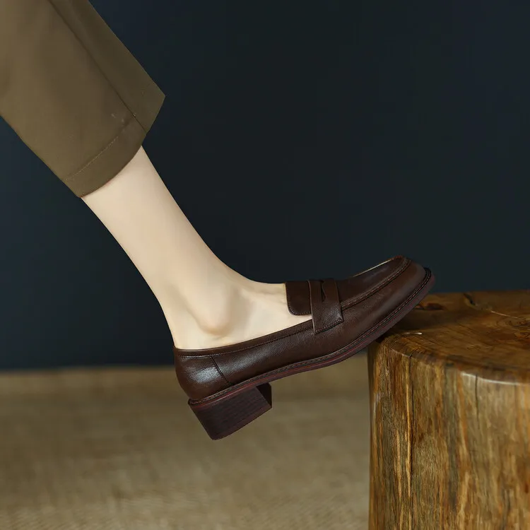 2023 Spring Round Toe Slip-on Flats, Leather Chunky Heel, Mid-Heel, Off-White, Black, Brown Fashion Women's Shoes 2-13p