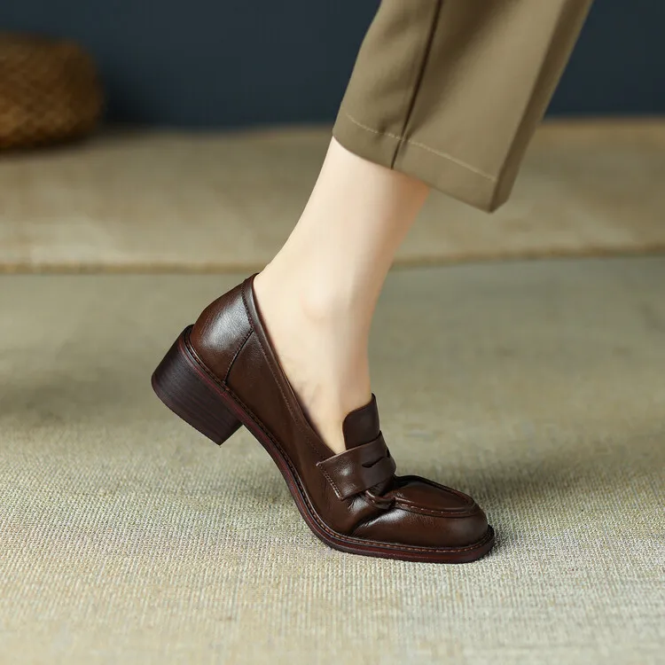 2023 Spring Round Toe Slip-on Flats, Leather Chunky Heel, Mid-Heel, Off-White, Black, Brown Fashion Women's Shoes 2-13p
