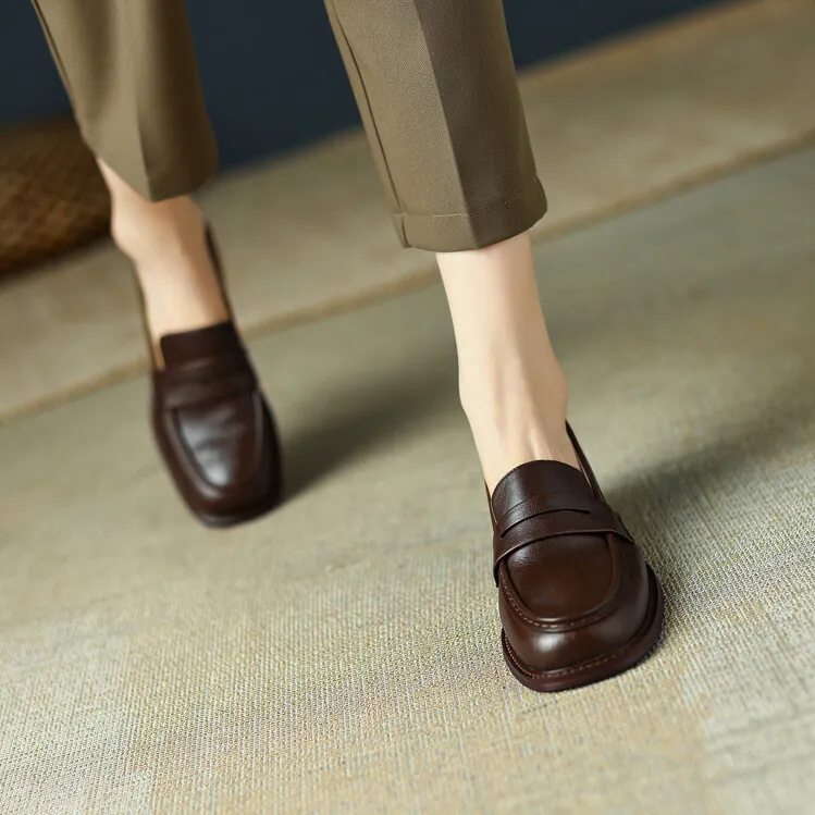 2023 Spring Round Toe Slip-on Flats, Leather Chunky Heel, Mid-Heel, Off-White, Black, Brown Fashion Women's Shoes 2-13p