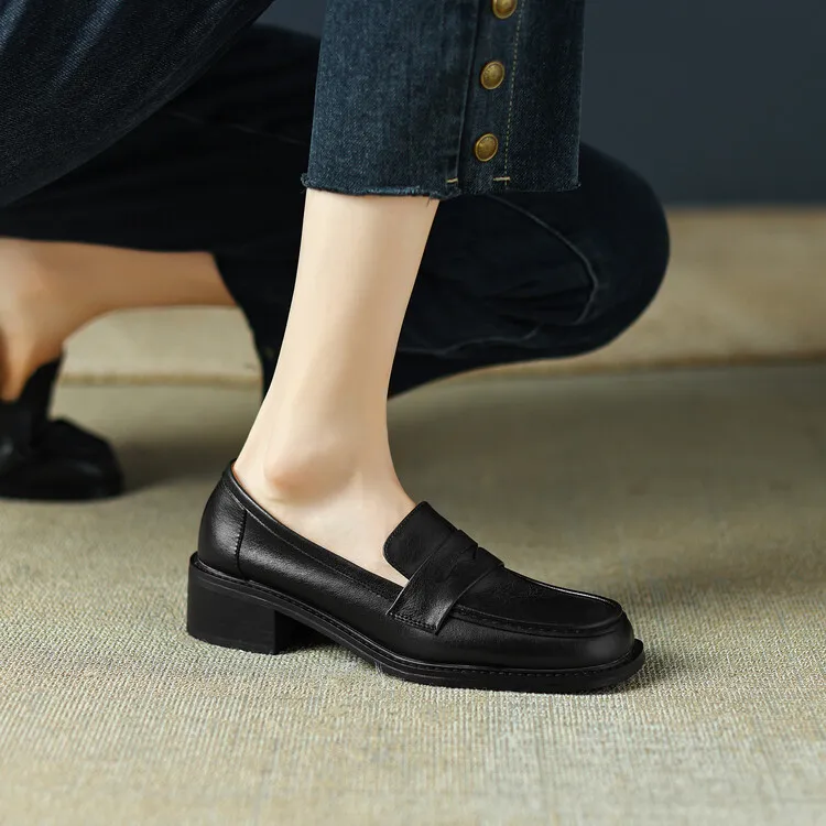 2023 Spring Round Toe Slip-on Flats, Leather Chunky Heel, Mid-Heel, Off-White, Black, Brown Fashion Women's Shoes 2-13p