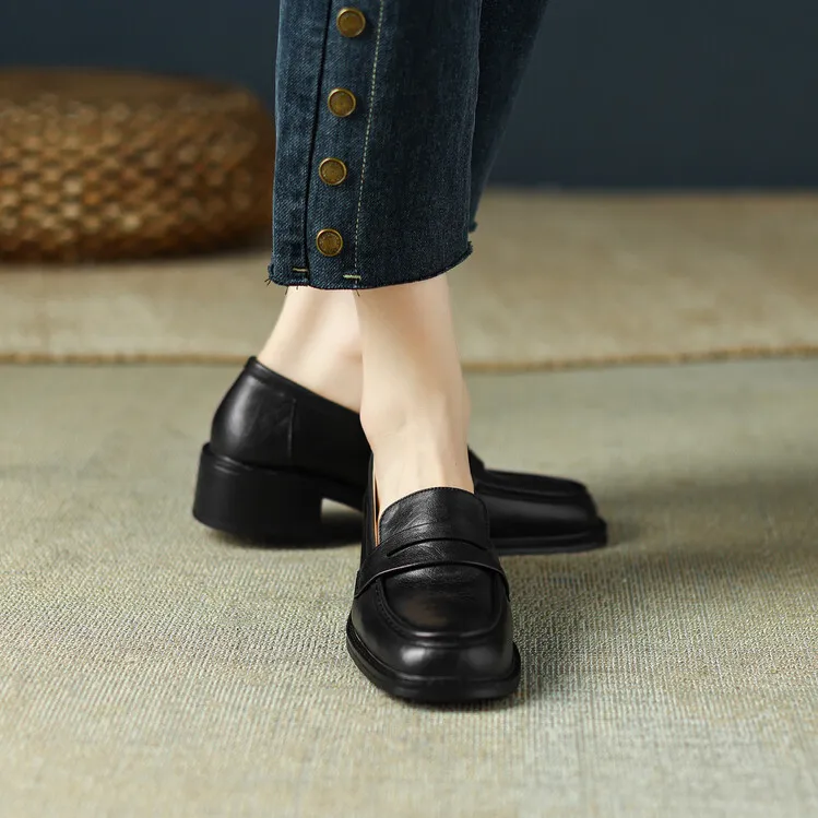 2023 Spring Round Toe Slip-on Flats, Leather Chunky Heel, Mid-Heel, Off-White, Black, Brown Fashion Women's Shoes 2-13p