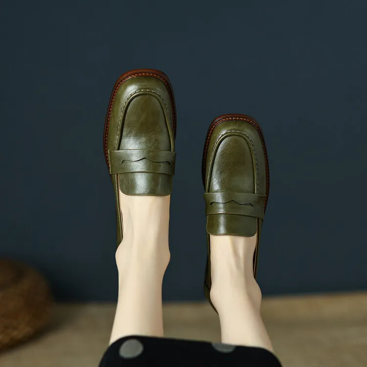 2023 Spring Round Toe Slip-on Flats, Leather Chunky Heel, Mid-Heel, Off-White, Black, Brown Fashion Women's Shoes 2-13p