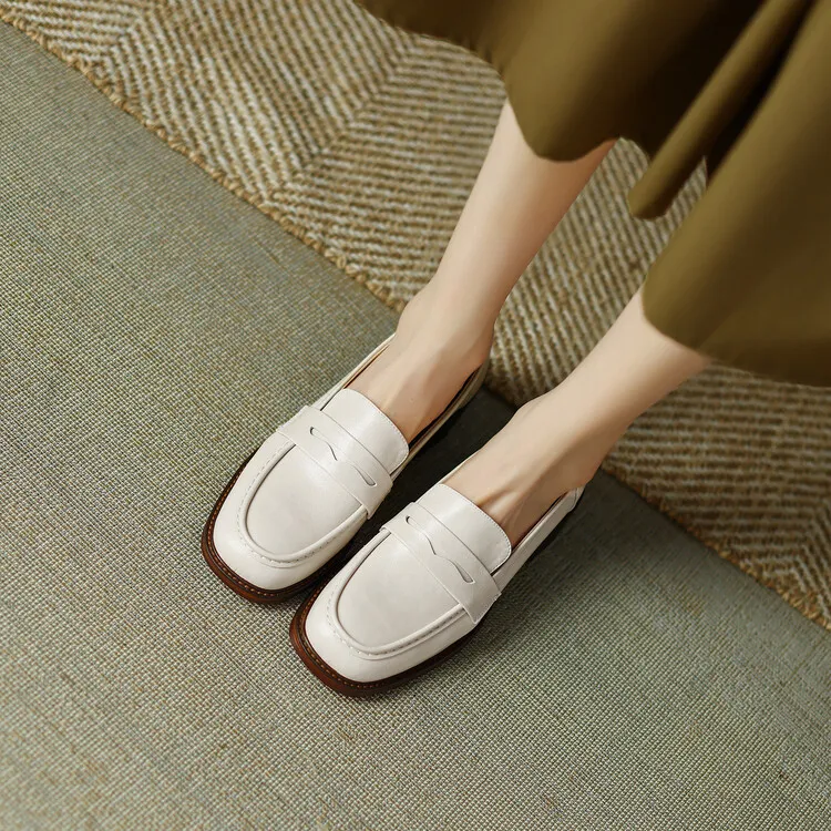 2023 Spring Round Toe Slip-on Flats, Leather Chunky Heel, Mid-Heel, Off-White, Black, Brown Fashion Women's Shoes 2-13p