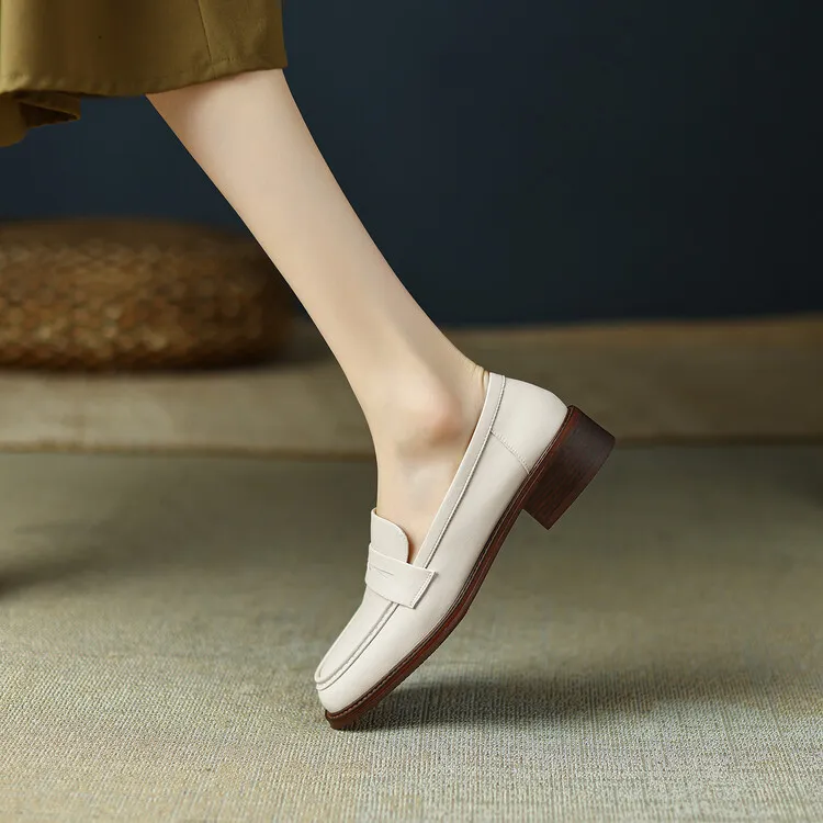2023 Spring Round Toe Slip-on Flats, Leather Chunky Heel, Mid-Heel, Off-White, Black, Brown Fashion Women's Shoes 2-13p