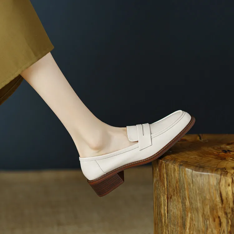 2023 Spring Round Toe Slip-on Flats, Leather Chunky Heel, Mid-Heel, Off-White, Black, Brown Fashion Women's Shoes 2-13p