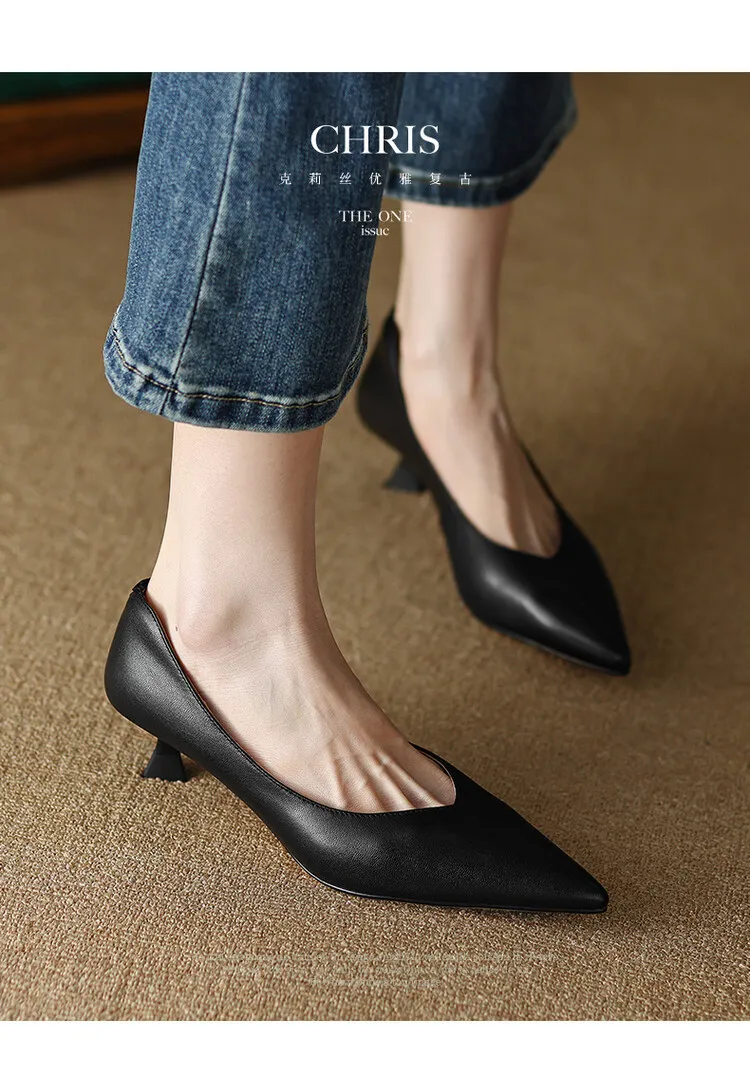Apricot and black sheepskin plus size fashion women's shoes, spring and autumn style, pointed toe, low mouth, stiletto heel, single shoes, 2-18n