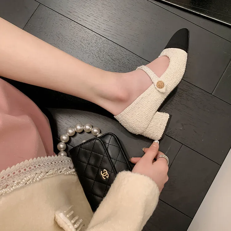 2023 Spring Chunky Heel Square Toe Color Block Single Shoes, Small Style, Black and White Fashionable Comfortable Women's Shoes 2-27
